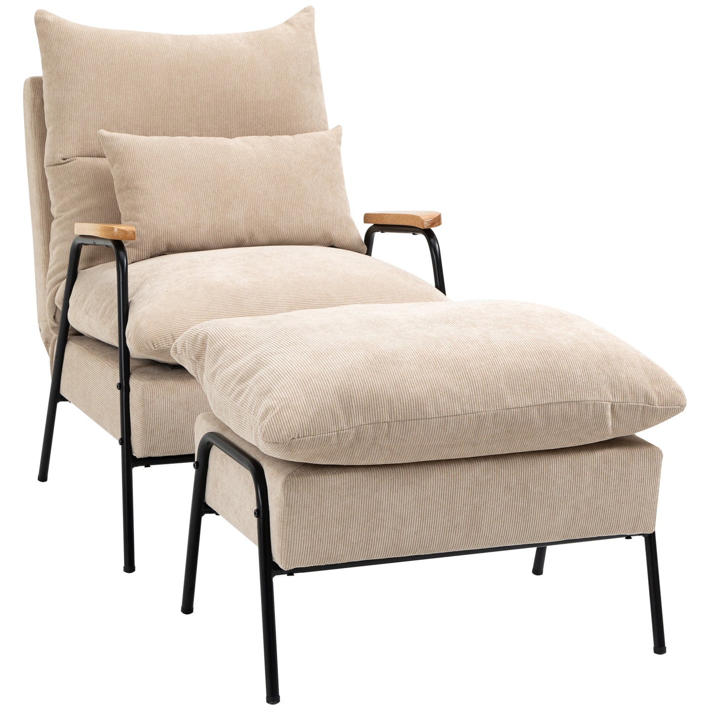 Relaxfauteuil – Lounge Fauteuil – Relaxstoel – Leunstoel – Beige Velours – Verstelbare Rugleuning Tot 155° – Zwarte Stalen Onderstel Met Hevea Houten Armleuningen