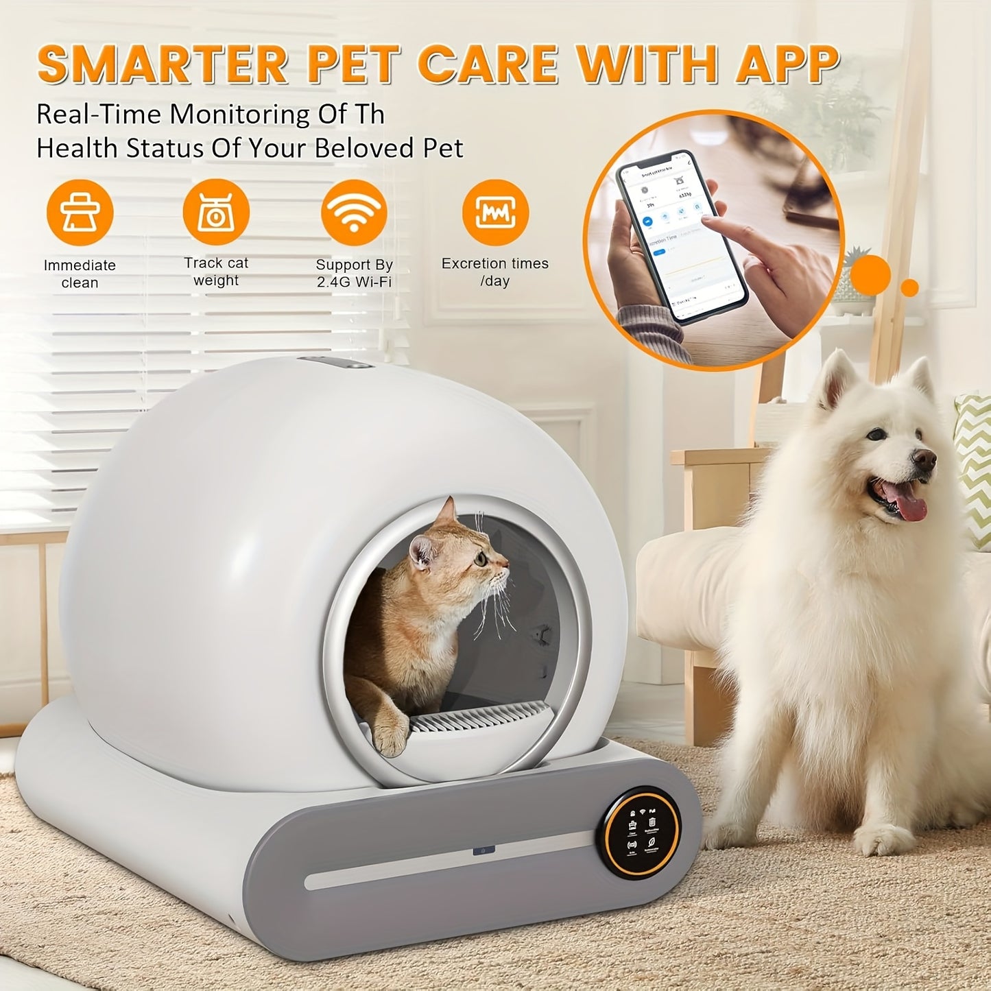 Automatische Kattenbak – Zelfreinigende Bak – Slimme Kattenbak – Kattenbak Voor Meerdere Katten – Witte Kattenbak – 65L + 9L Capaciteit – Negatieve Ion Luchtzuivering – App-Controle En Monitoring