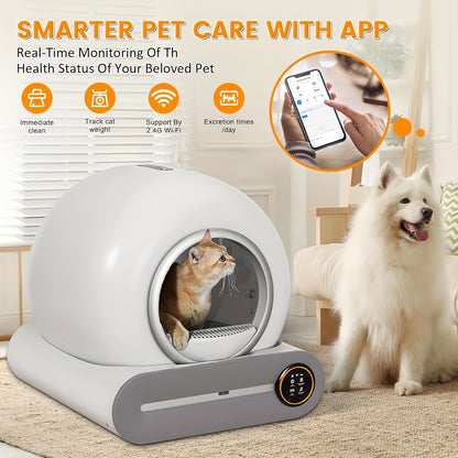 Automatische Kattenbak – Zelfreinigende Bak – Slimme Kattenbak – Kattenbak Voor Meerdere Katten – Witte Kattenbak – 65L + 9L Capaciteit – Negatieve Ion Luchtzuivering – App-Controle En Monitoring