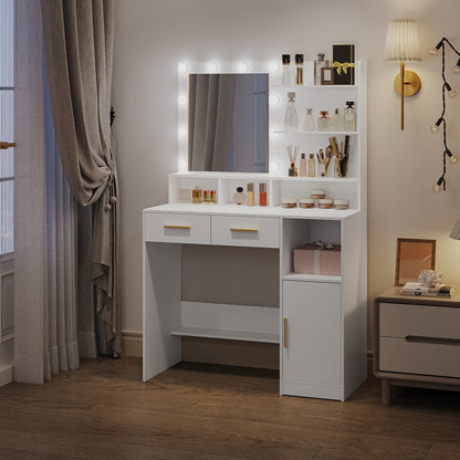 Kaptafel – Make-up Tafel – Opmaaktafel – Vanity – Cosmeticatafel – Met Spiegel en 10 LED Lampen – Verstelbare Helderheid, 2 Lades en 1 Kast