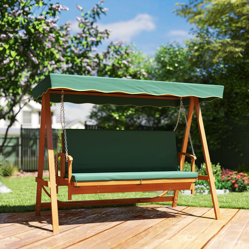Hollywood swing with sunroof, real wood garden swing, swing bench with reclining function, for 3 people, dark green,  Stylish Seating, Classic Design, Weatherresistant Material, Durable Metal Frame, Threeseater Swing, Sun Can