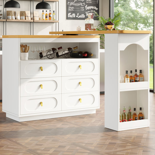 Modern White Extendable Bar Table with 360° Swivel & Storage Drawers - Adjustable Length 138-203cm, Space-Saving Metal Design with Golden-Toned Legs, Multi-Room Use for Kitchen, Living Room, Dining Room, Home Office - Easy A