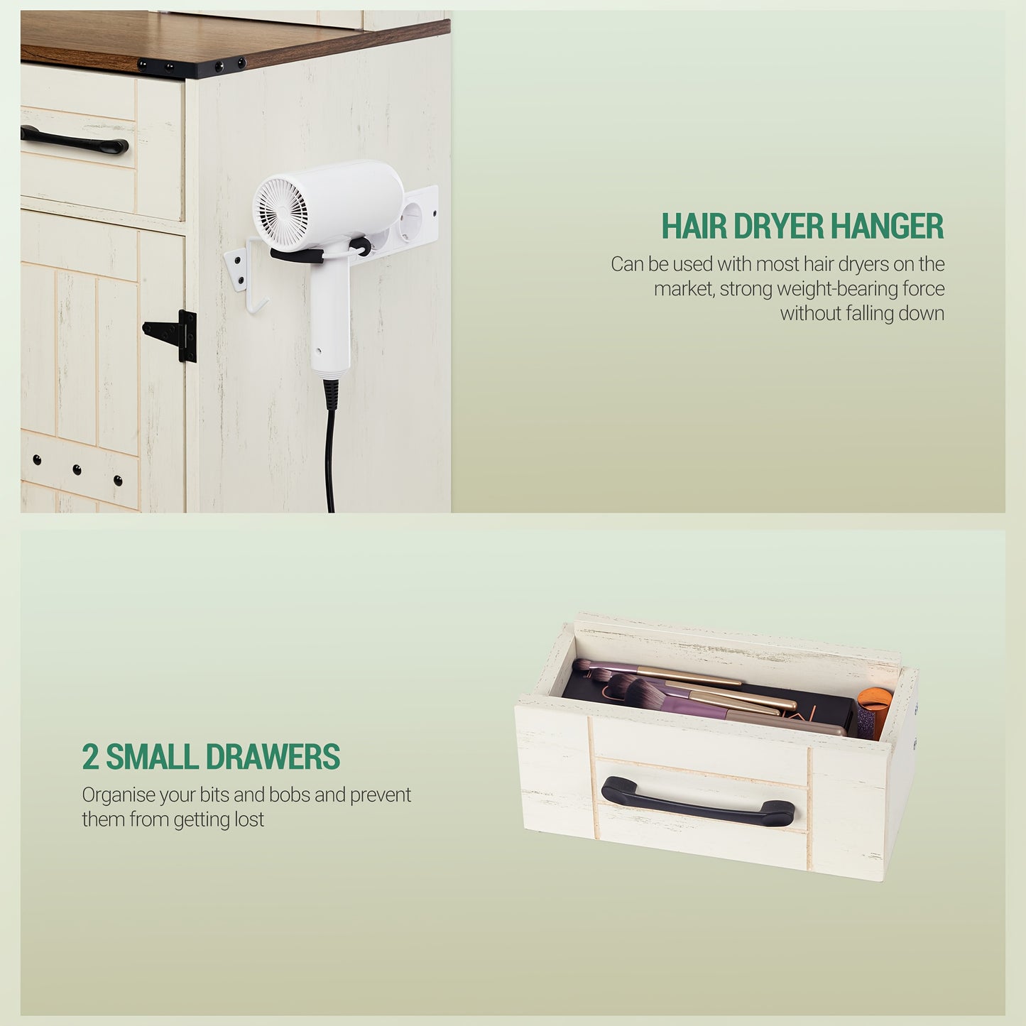 Organize And Store, Dressing Table with Large Mirror And LED Light, Dressing Table with Stool, with Socket And Hairdryer Holder, with 5 Drawers And 2 Doors, Brown And White, Mounted Closet Systems