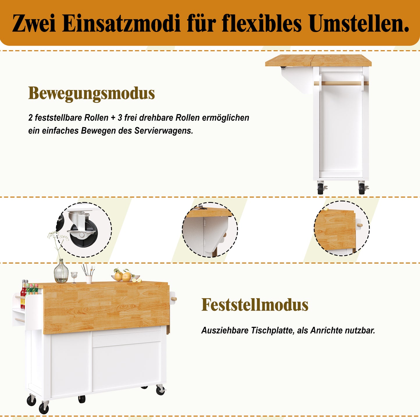Keukenwagen – Keukentrolley – Serveerwagen – Buffetkast – Keukenmeubel – Inklapbaar Werkblad – 5 Zwenkwielen Met Rem – MDF En Metaal