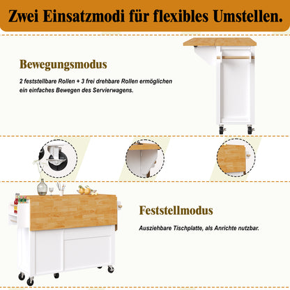 Keukenwagen – Keukentrolley – Serveerwagen – Buffetkast – Keukenmeubel – Inklapbaar Werkblad – 5 Zwenkwielen Met Rem – MDF En Metaal
