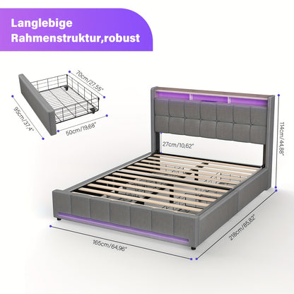 Modern RGB LED Smart Tweepersoonsbed 160x200 cm – 4 Lade-opslag & RGBW Kleurveranderend Hoofdeinde – Stevig MDF/Metaal, Plug-and-Play Montage