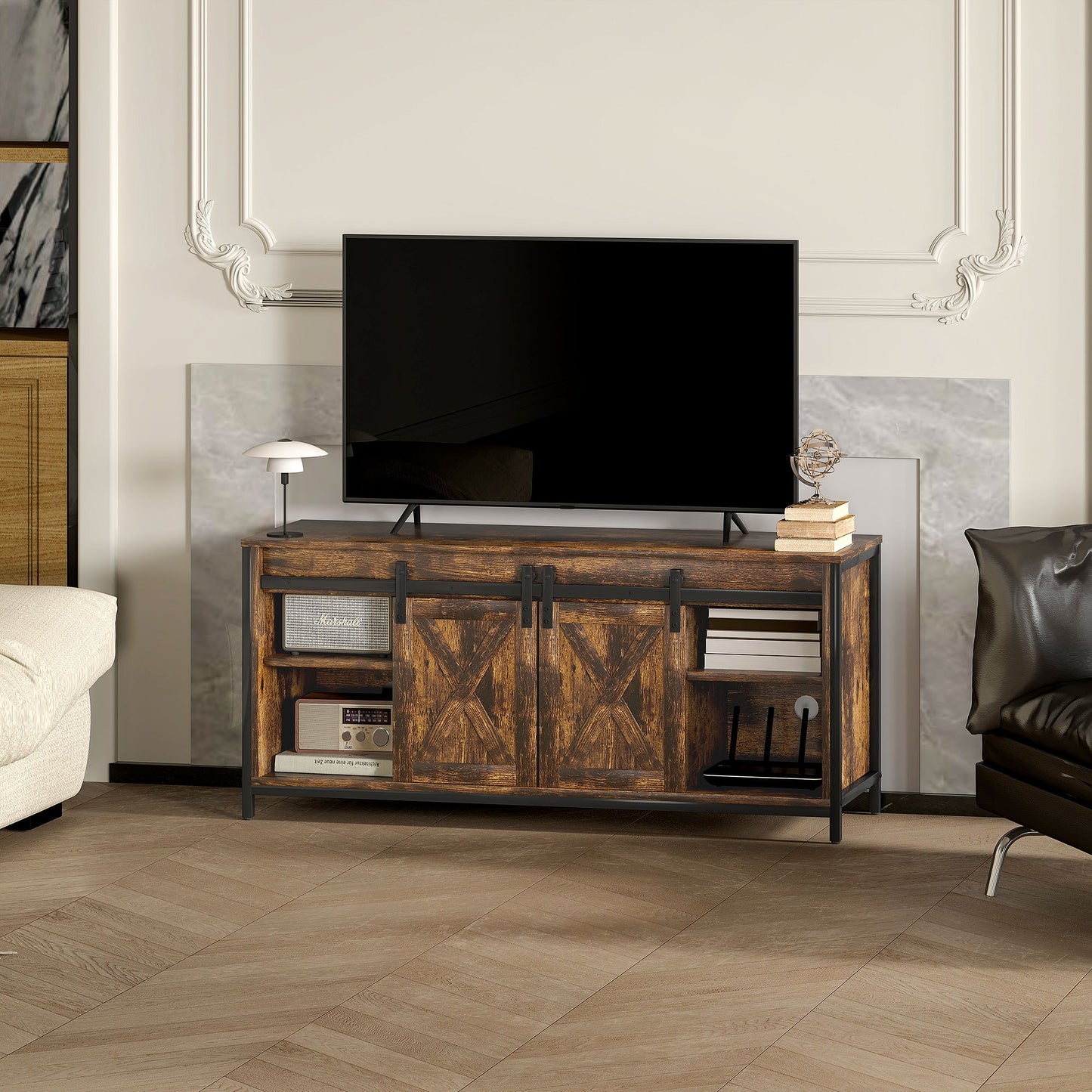 Tv meubel – TV-kast – TV-meubel – Lowboard – Media meubel – Industrieel design – Geschikt tot 60 inch – 6 opbergvakken met 2 schuifdeuren