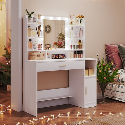 Make-uptafel – Make-uptafel – Schminktisch – Dressoir – Kaptafel – Witte Afwerking – Grote Tafelplaat – Verstelbare Verlichting – Opbergkasten en Lades – Open Planken