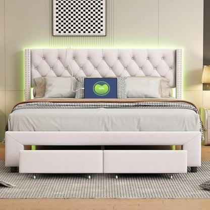 Bed – Bedkast – Tweepersoonsbed – Opbergbed – Opbergkast – Crème Kleur – LED Hoofdbord – 140x200 cm – 2 Grote Lades – USB Oplaadpoort