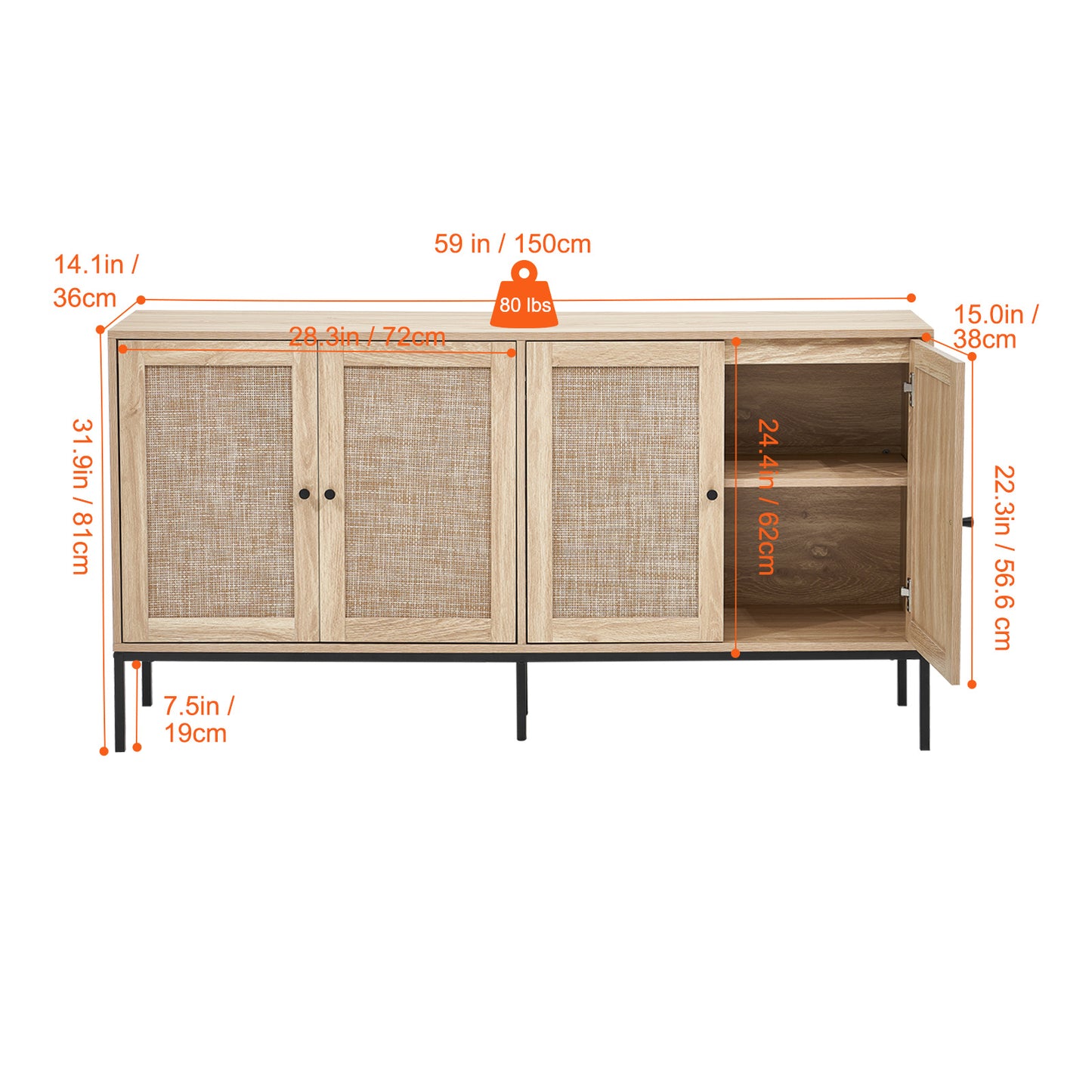 Rattan Opbergkast – Opbergmeubel – Kast – Sideboard – Buffetkast – 150 cm Breed – Handgevlochten Rattan – Verstelbare Planken