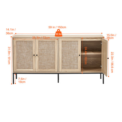 Rattan Opbergkast – Opbergmeubel – Kast – Sideboard – Buffetkast – 150 cm Breed – Handgevlochten Rattan – Verstelbare Planken