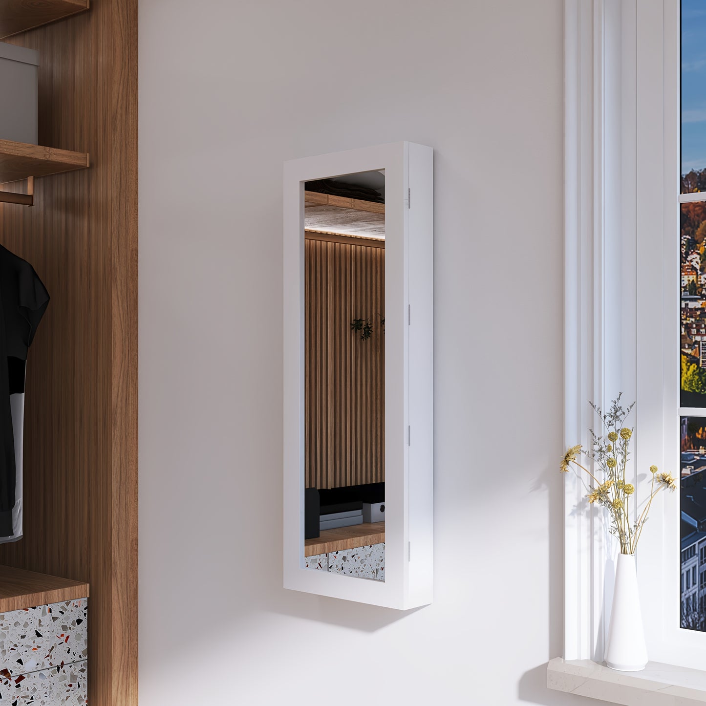 Strijkplankkast – Strijkbordkast – Inklapbare Strijkplank – Muurstrijkplank – Strijktafel – 180° Draaibaar – Wit Hout Met Spiegel