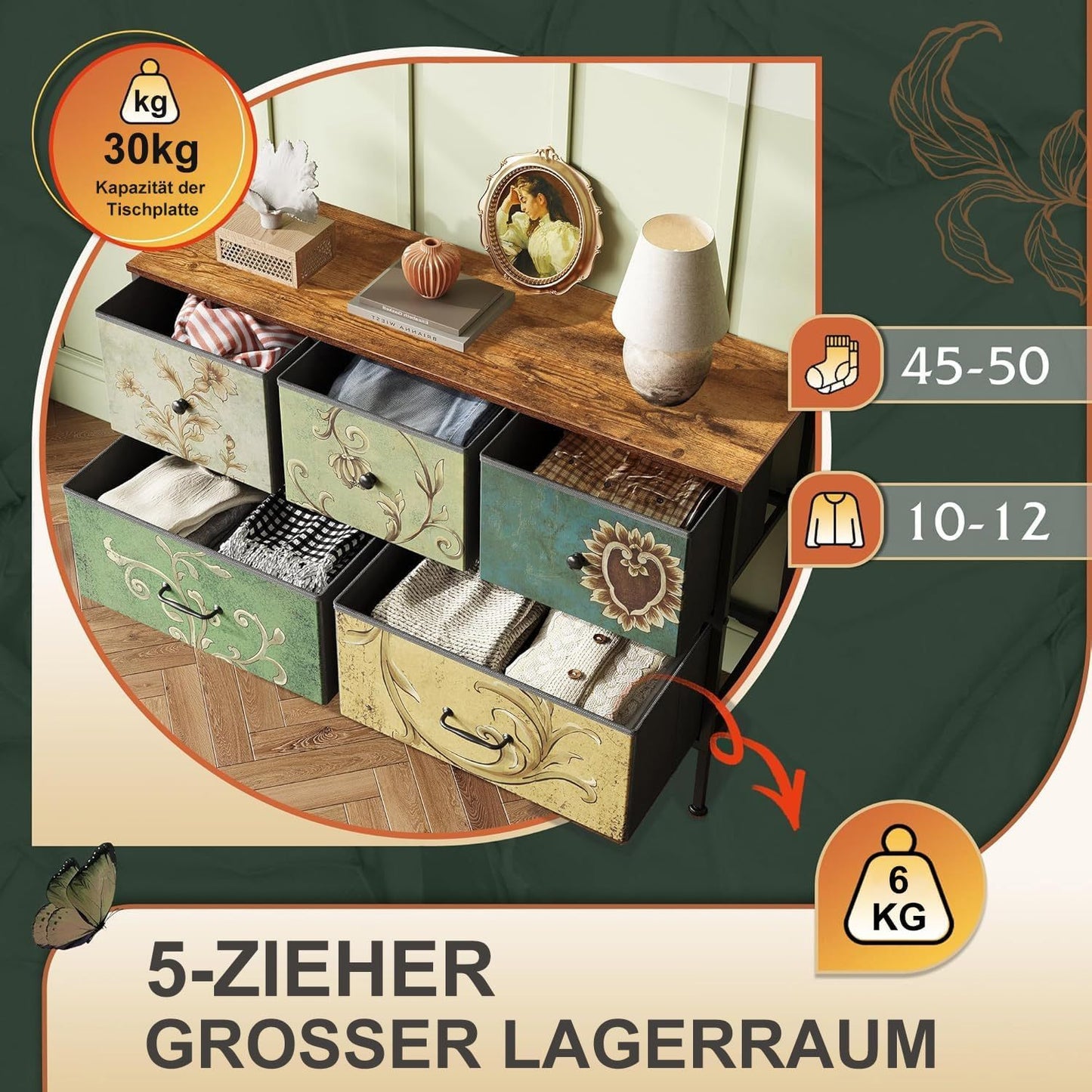 Dressoir – Ladekast – Opbergkast – Kast – Sideboard – Met Metalen Frame – 7 Stoffen Lades – Massief Houten Bovenblad