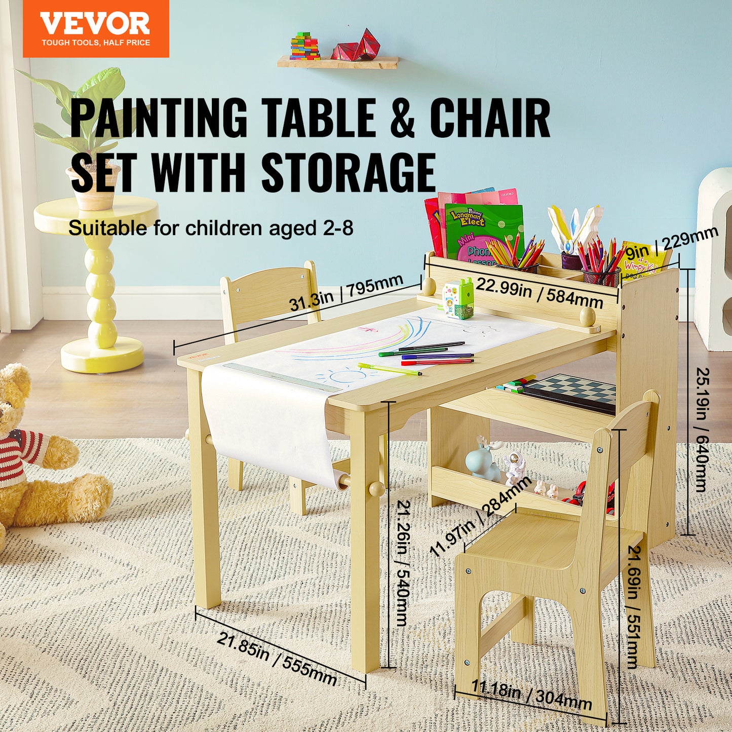 Kinderkunsttafel – Kindertafel – Speeltafel – Knutseltafel – Tafel met 2 Stoelen en Opbergkast – Geschikt voor 2-8 Jaar – Hittebestendig MDF