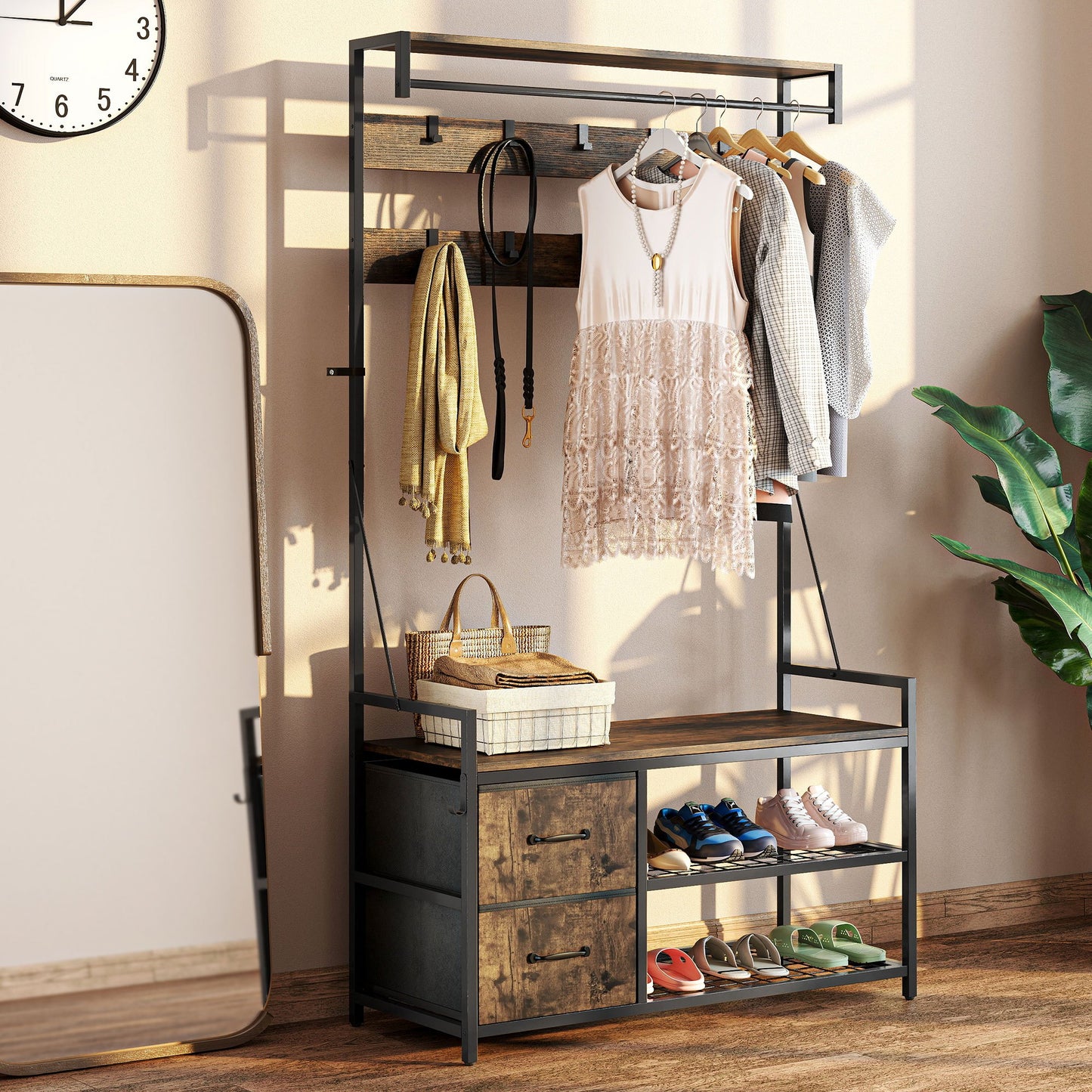 6-in-1 Coat Rack with Shoe Shelf, Industrial Style, 10 Hooks, 2 Fabric Drawers, Metal, Brown