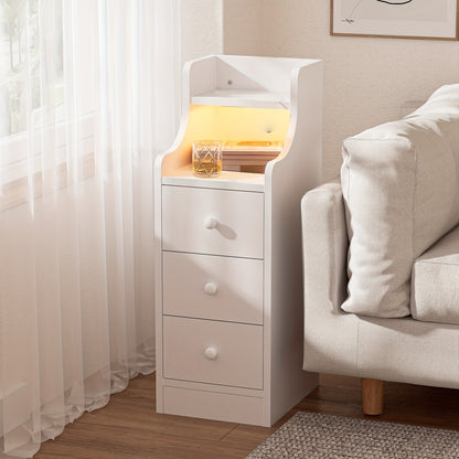 Nachtkastje – Nachtkastjes – Bijzettafel – Ladekast – Smal Kastje – Smal Wit Nachtkastje – 3 Lades & Open Vak – Compact 70 cm Hoog