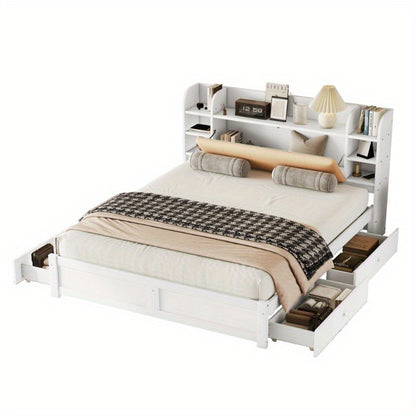 Hoofdbord Bed – Bedpaneel – Bedframe – Opbergbed – Bedombouw – 180x200cm – Vier Laden – Meerdere Opbergvakken – Wit – Opvouwbaar