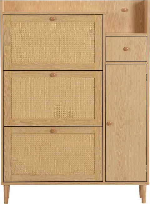 Houten Rotan Schoenenkast - Schoenenkast met 3 Schuine Deuren en 1 Lade - Massief Houten Poten en Handgrepen - Voor Smalle Ingangen - 90 x 125 x 17 cm