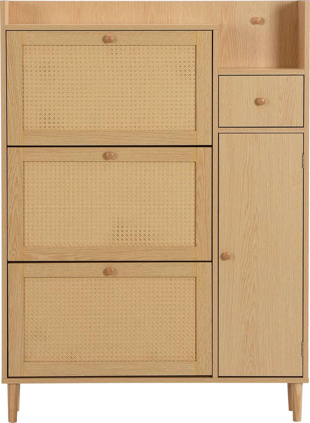 Houten Rotan Schoenenkast - Schoenenkast met 3 Schuine Deuren en 1 Lade - Massief Houten Poten en Handgrepen - Voor Smalle Ingangen - 90 x 125 x 17 cm