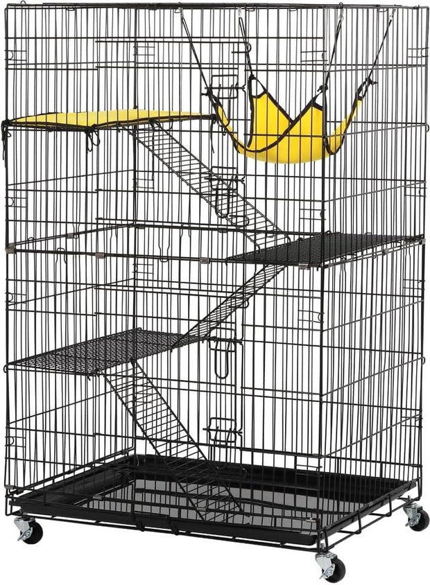 4-niveaus huisdierenkooi met wieltjes - grote kooi- hoogte 123 cm - 2 deuren - Zwart