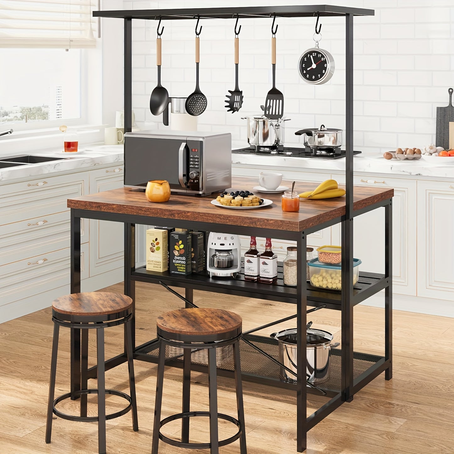 Bakers Rack – Keukenrek – Magnetronstandaard – Opbergrek – Koffiebar – Robuust Metaal – 106 cm Breed – 3-laags Met 5 Haken – Mobiel Met Wieltjes - Bruin