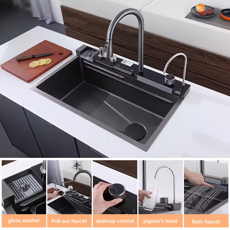 Keukenspoelbak – Spoelbak – Keukensink – RVS Spoelbak – Spoeltafel – 74,93x44,96 cm – Rechterafvoer – Waterval Kraan – Uitschuifbare Spuitkop