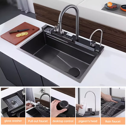 Keukenspoelbak – Spoelbak – Keukensink – RVS Spoelbak – Spoeltafel – 74,93x44,96 cm – Rechterafvoer – Waterval Kraan – Uitschuifbare Spuitkop