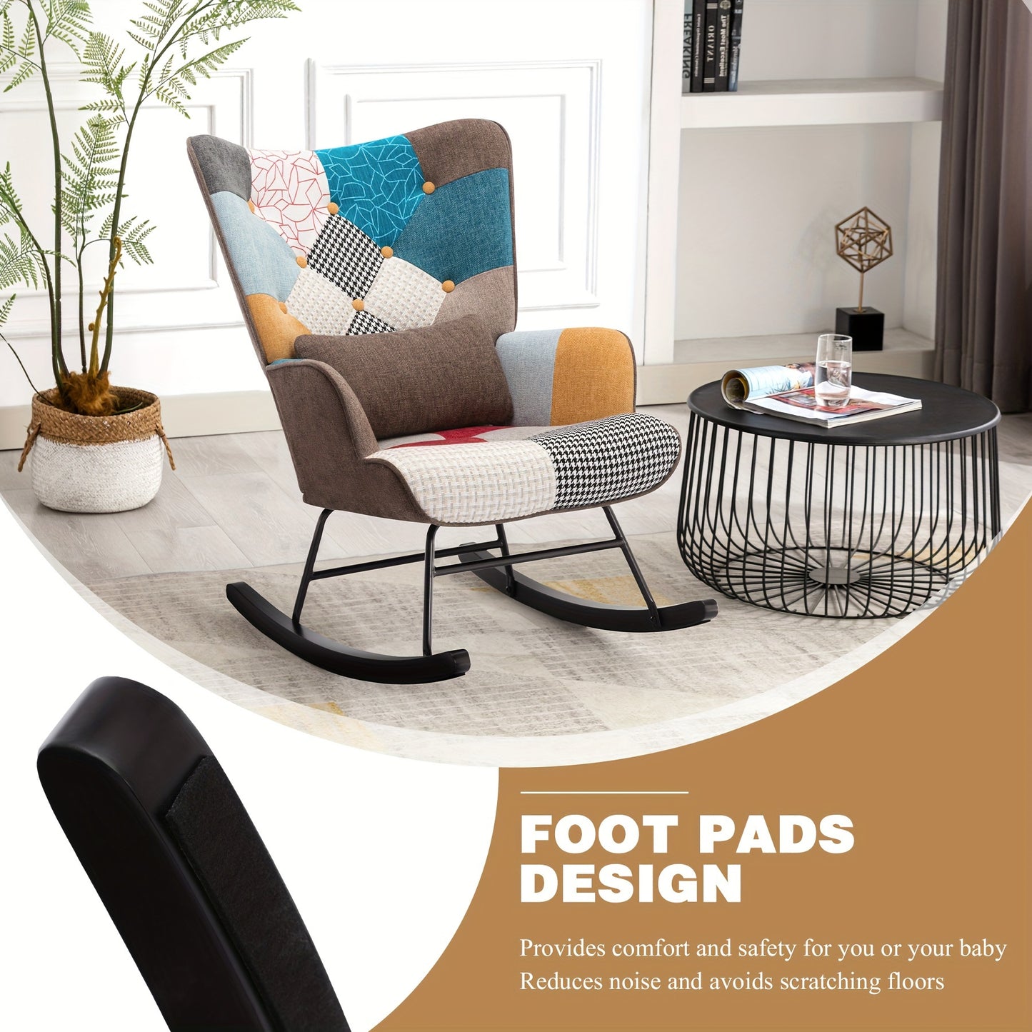 Schommelstoel – Schommelstoel Lounge – Fauteuil – Relaxstoel – Woonkamerstoel – Patchwork Stof – Met Metalen Frame En Houten Basis