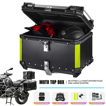 Aluminum Alloy Motorcycle Helmet Box with Lock - Durable Top Tail Luggage Storage Tool Box for Yamaha, for HONDA, for BMW & Most Motorcycles, Black with Neon Green Accents, Includes Mounting Hardware & Accessories, Motorcycle