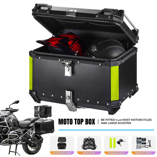 Aluminum Alloy Motorcycle Helmet Box with Lock - Durable Top Tail Luggage Storage Tool Box for Yamaha, for HONDA, for BMW & Most Motorcycles, Black with Neon Green Accents, Includes Mounting Hardware & Accessories, Motorcycle