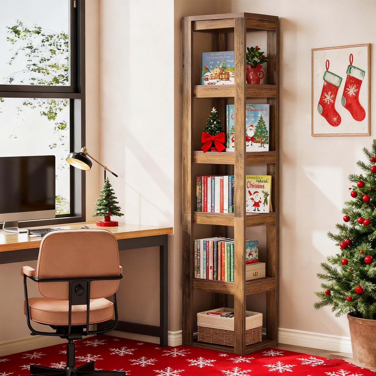Boekenkast – Boekenrek – Opbergrek – Wandrek – Vakkenkast – 180 cm Hoog – Smal Hoekontwerp – Anti-Kantelbeveiliging – Rustiek Bruin E1 Spaanplaat – 6-Lagen Vrijstaand – Eenvoudige Montage