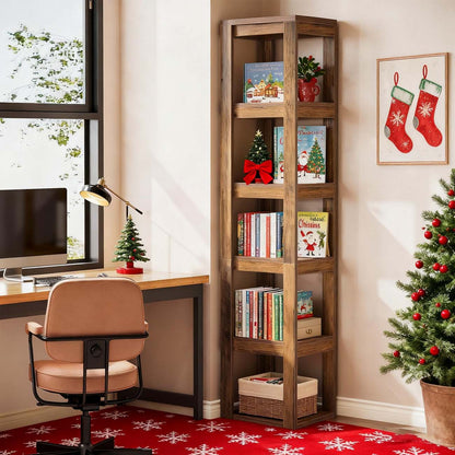 Boekenkast – Boekenrek – Opbergrek – Wandrek – Vakkenkast – 180 cm Hoog – Smal Hoekontwerp – Anti-Kantelbeveiliging – Rustiek Bruin E1 Spaanplaat – 6-Lagen Vrijstaand – Eenvoudige Montage