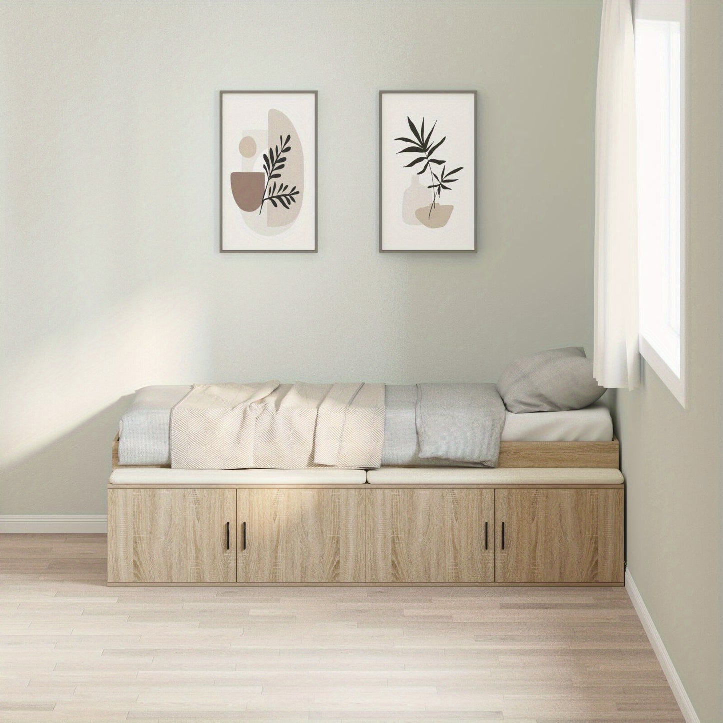 Opbergbed – Opbergbedframe – Bed met Laden – Eenpersoonsbed – Slaapbank – Eiken Bruin – 90x200 cm – Hardhouten Frame – Ingebouwde Opbergladen