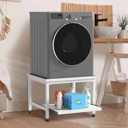 Wasmachine Onderstel – Verstelbare Wasmachine Steun – Wasmachine Verhoger – Droger Stand – Koelkast Podium – 45 cm Hoog – Schokdempend Met Uittrekbare Planken – 200 kg Belastbaar – Wit