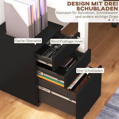Ladekast – Ladenkast – Opbergkast – Filing Cabinet – Archiefkast – Met Slot en Wieltjes – Stalen Verrijdbare Ladekast 37L 37x43,5x60 cm Zwart