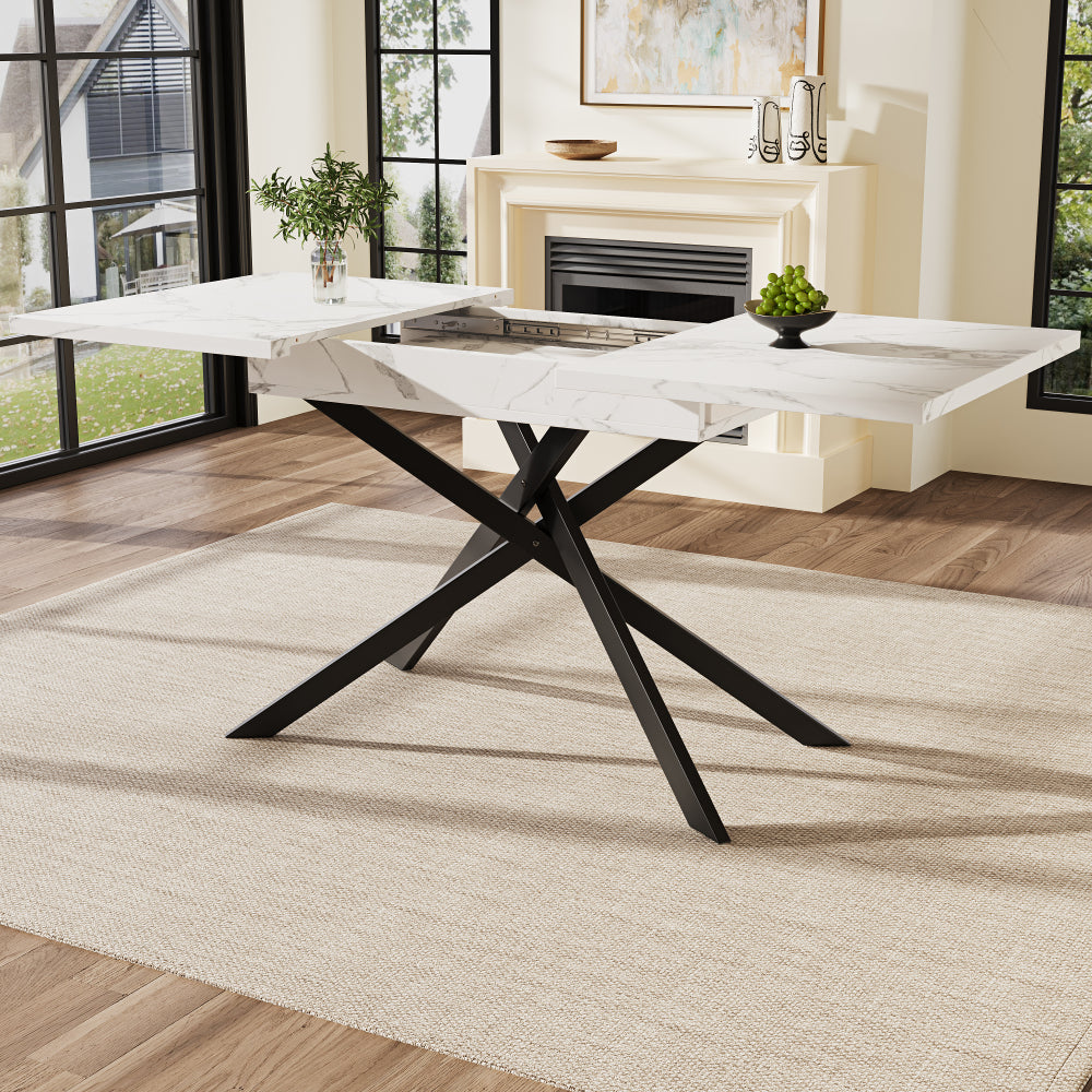 Uitschuiftafel – Inklaptafel – Klaptafel – Vouwtafel – Eettafel – Verstelbaar 120-160 cm – Wit Marmerlook – Zwarte Kruisframe Poten