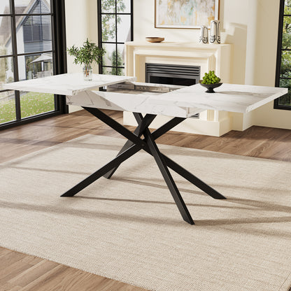 Uitschuiftafel – Inklaptafel – Klaptafel – Vouwtafel – Eettafel – Verstelbaar 120-160 cm – Wit Marmerlook – Zwarte Kruisframe Poten