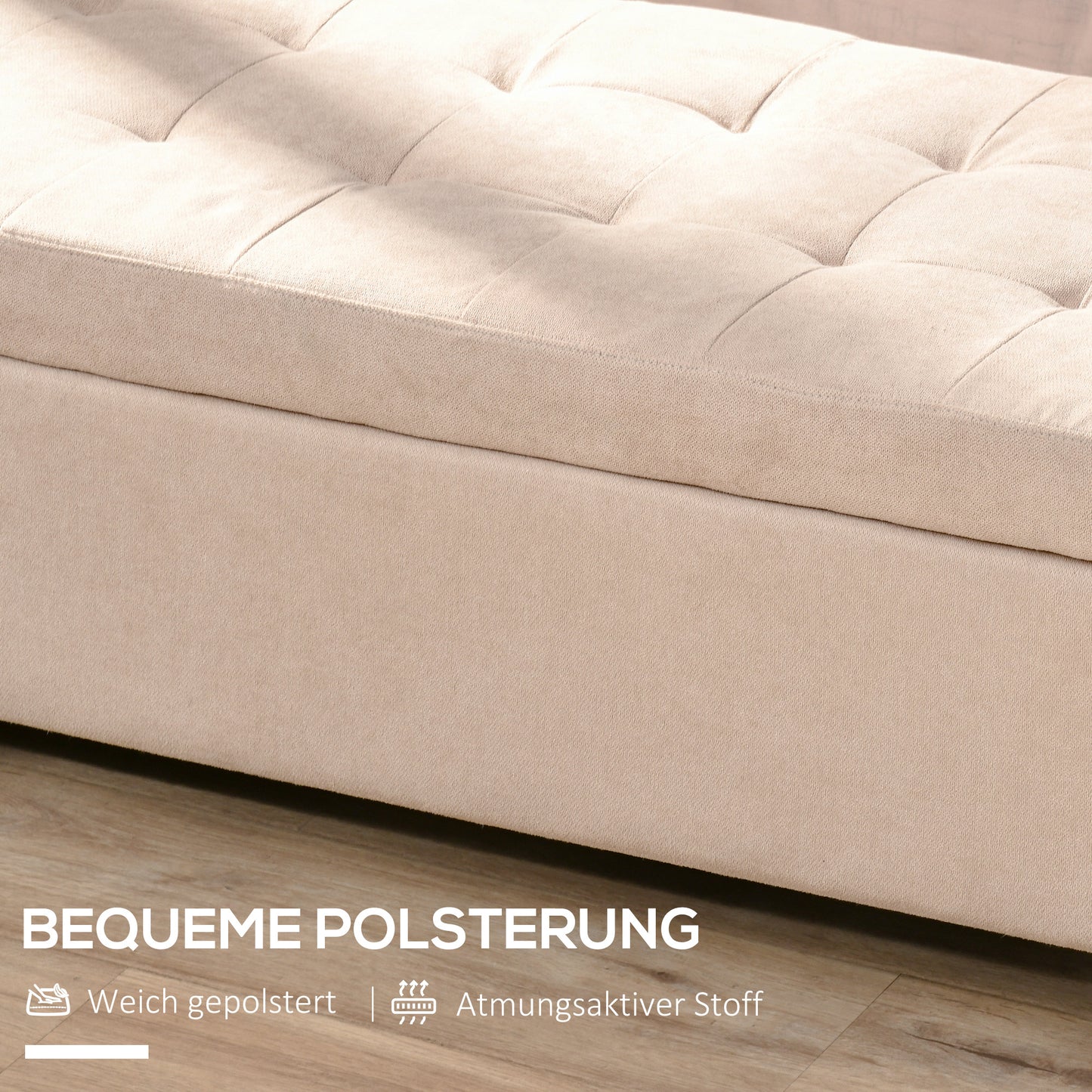 Bank – Sofa – Zitbank – Bench – Beige – Met Opbergruimte – Flanelstof Met Knoopjes – Draaggewicht 120 kg – 125 x 49 x 41,5 cm