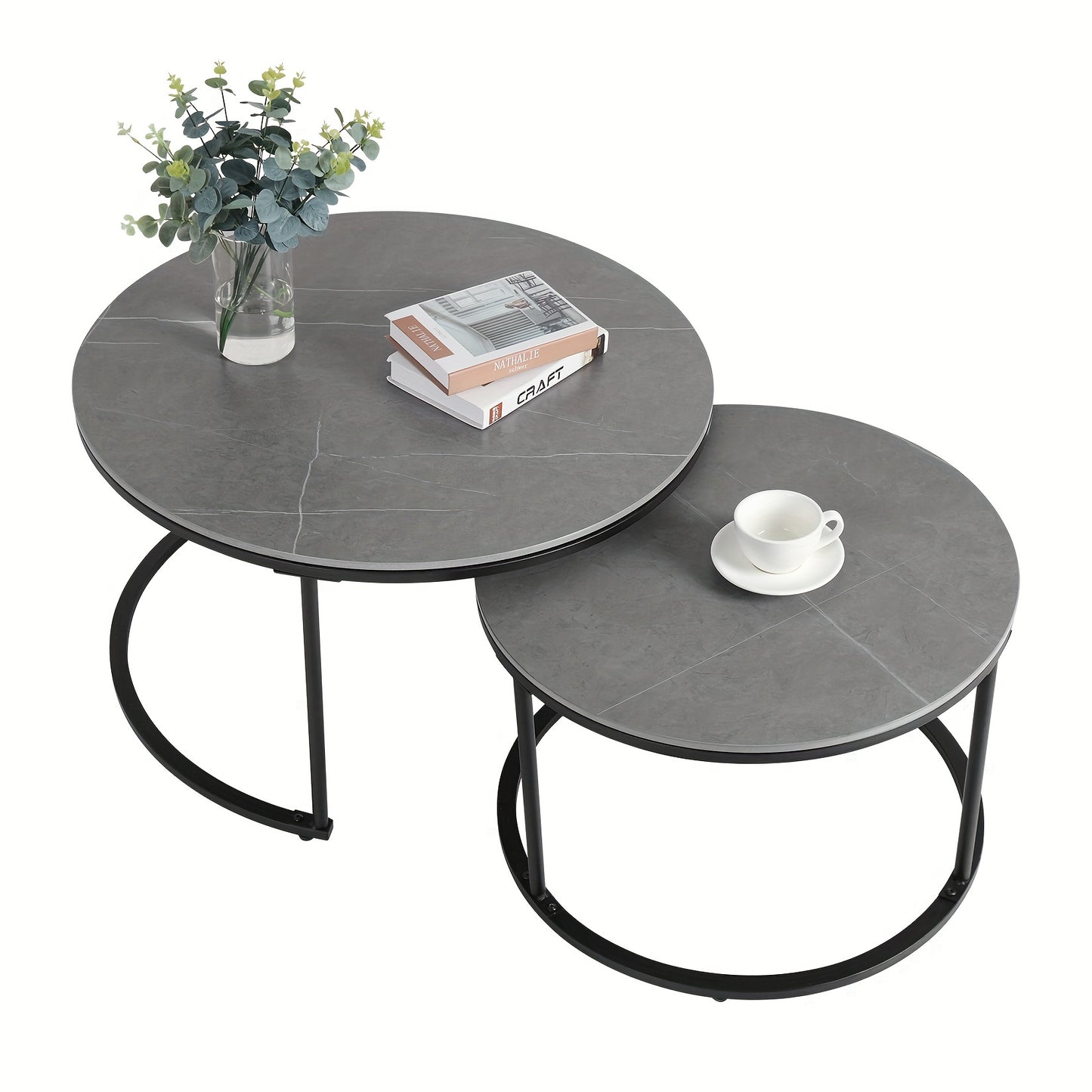 Salontafel – Bijzettafel – Koffietafel – Side Table – Nesting Tafel – Sintered Stone Blad – Zwart Metalen Onderstel