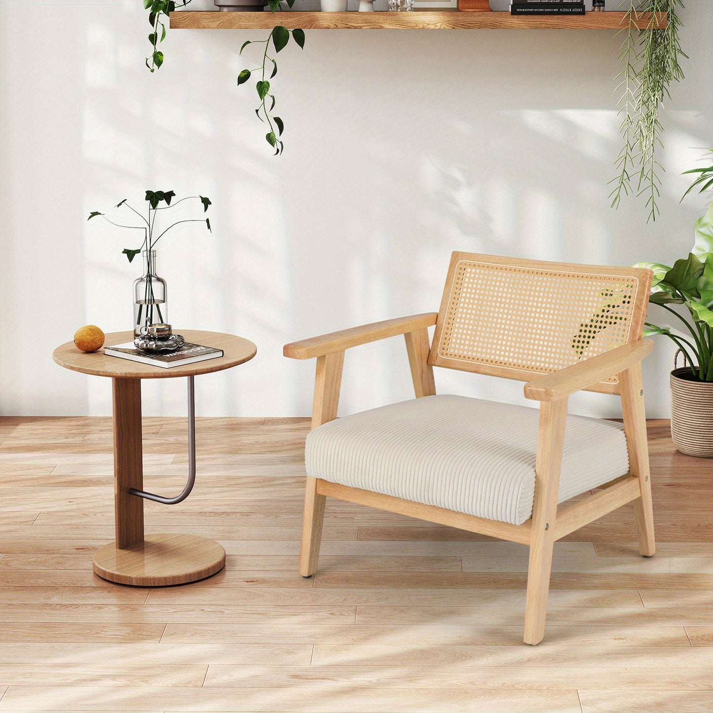 Corduroy Fauteuil – Accentstoel – Loungechair – Rustieke Leunstoel – Binnenstoel – Zacht Gestoffeerd Zitvlak – Rubberhouten Frame Met Rattan Rugleuning – Mid Century Design – Comfortabele Padded Zitting