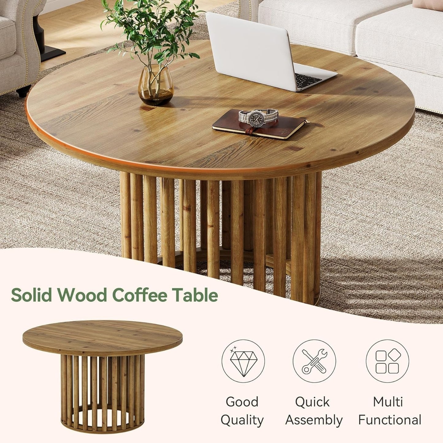 Ronde Salontafel – Bijzettafel – Koffietafel – Accenttafel – Houten Tafel – Massief Hout – 80 cm Diameter – Ruimtebesparend Ontwerp