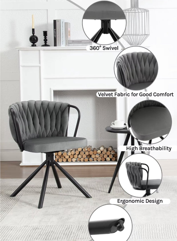 Eetkamerstoel - Set van 2 stoelen - Fluweel eetkamer stoel - Eettafel stoel - Fauteuil - Velvet - Armleuning - Draaibaar - Zwarte Poot - Grijs