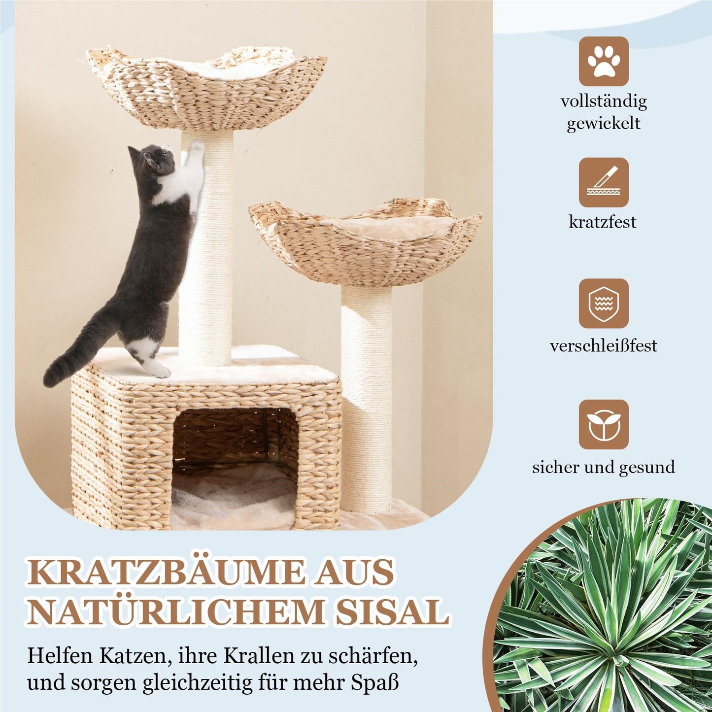Krabpaal – Kattenpaal – Klimpaal – Krabmeubel – Krabton – Multilevel Klim- en Speelpaal – Sisal Krabpalen – Handgeweven Rattan Met Kussen – Beige – 122 Cm Hoog