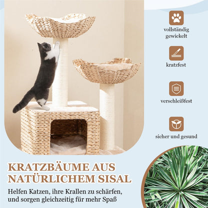 Krabpaal – Kattenpaal – Klimpaal – Krabmeubel – Krabton – Multilevel Klim- en Speelpaal – Sisal Krabpalen – Handgeweven Rattan Met Kussen – Beige – 122 Cm Hoog