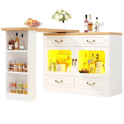Uitschuifbare Bartafel – Barmeubel – Hoogtafel – Drinktafel – Bistrotafel – 360° Draaibaar Blad – Ruime Opbergruimte – Modern Wit Metaal & Glas – Compact & Verstelbaar 135-203 cm