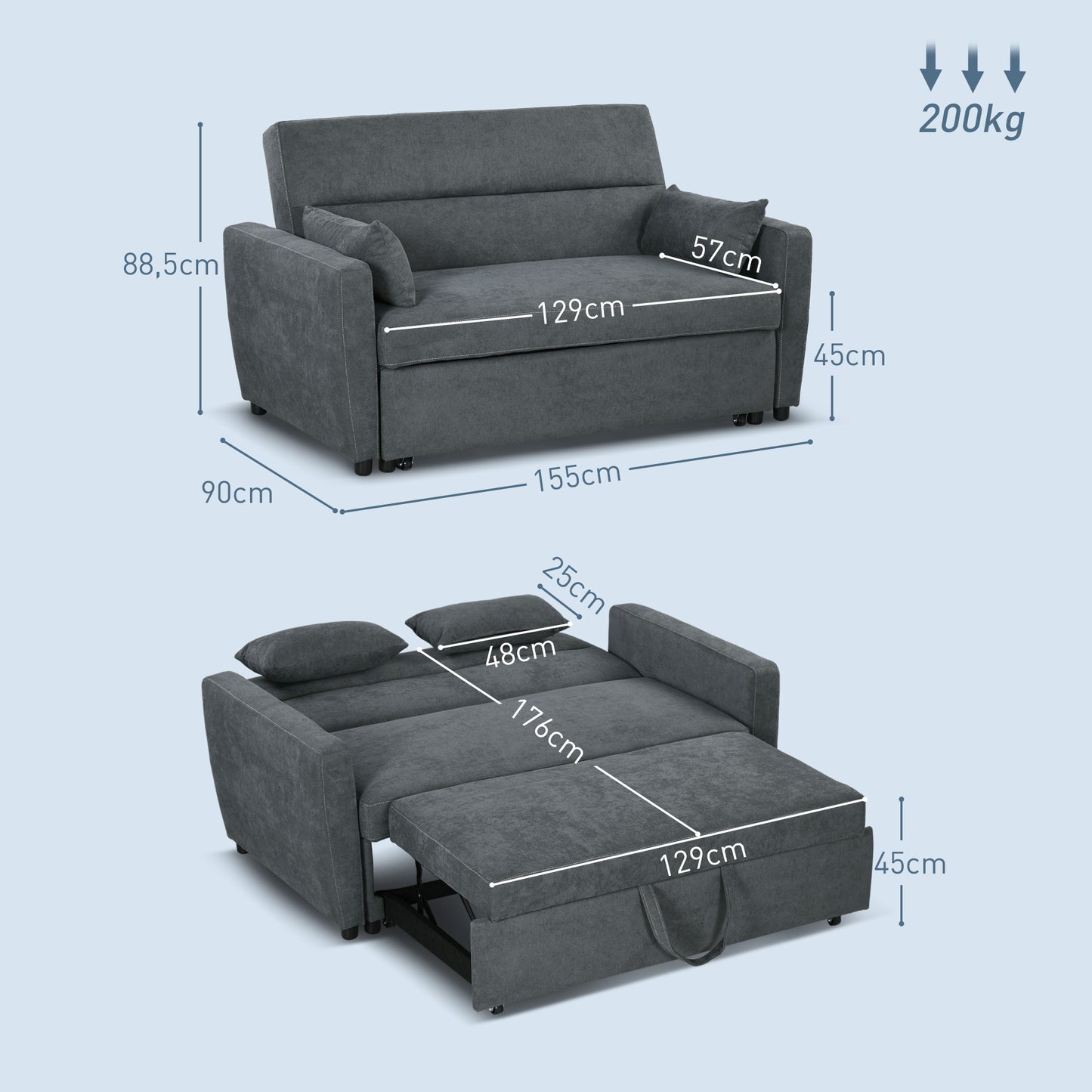 Slaapbank – Bank – Sofa – Bedbank – Logeerbed – 2-Zits – Verstelbare Rugleuning – Fluwelen Bekleding – Stevig Eucalyptus Houten Frame – Donkergrijs