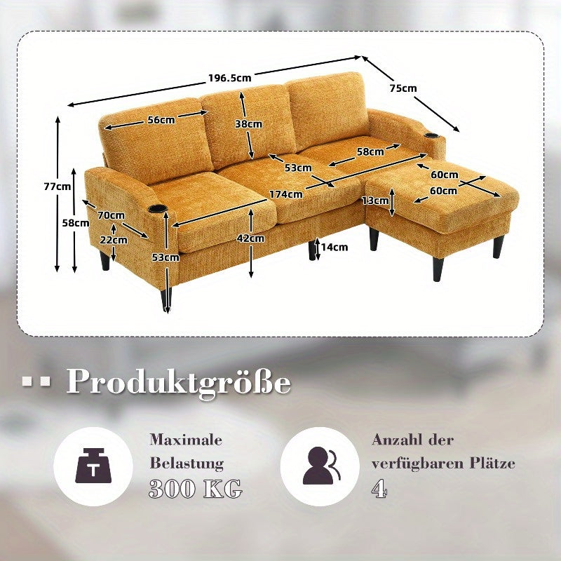 4-zits sofa – bank – zitbank – lounge bank – hoekbank – fluweelachtige bekleding – opberghocker met bekerhouders
