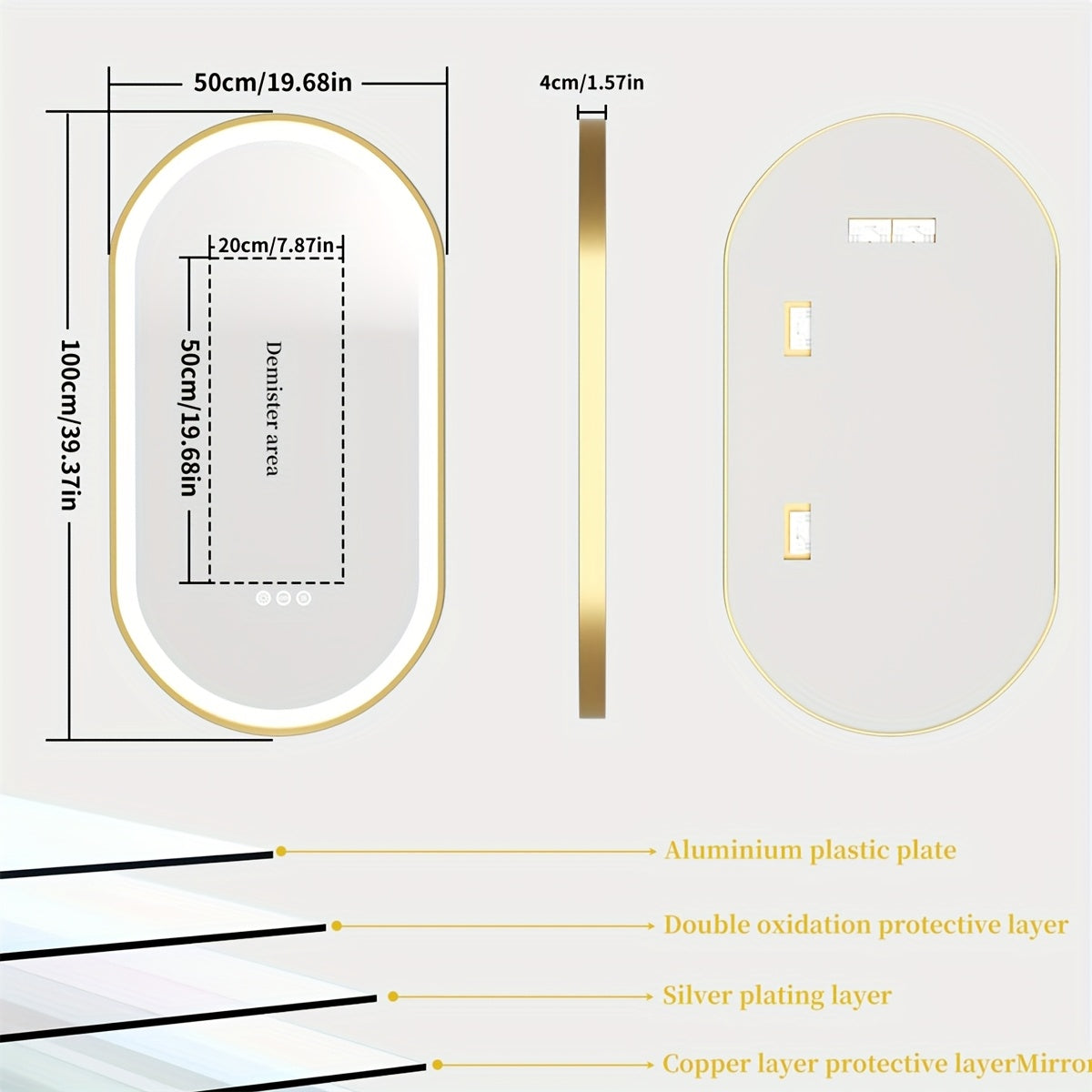 LED Badkamerspiegel – Badkamer Spiegel – Make-up Spiegel – Verlichte Spiegel – Ovale Spiegel – 50x100 cm – Anti-Fog Functie – Dimbare RGB LED Verlichting