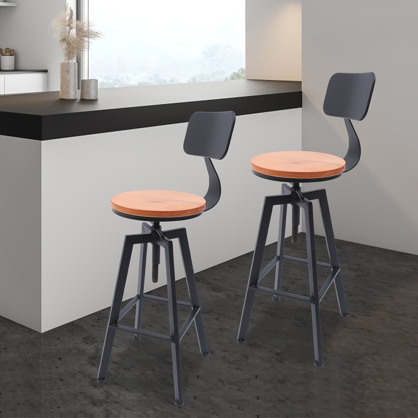 Barstoel – Barkruk – Kruk – Barstoel Met Rugleuning – Verstelbare Zithoogte – Hardhout En Metaal – Zitting 30cm – Set Van 2 – Zwart