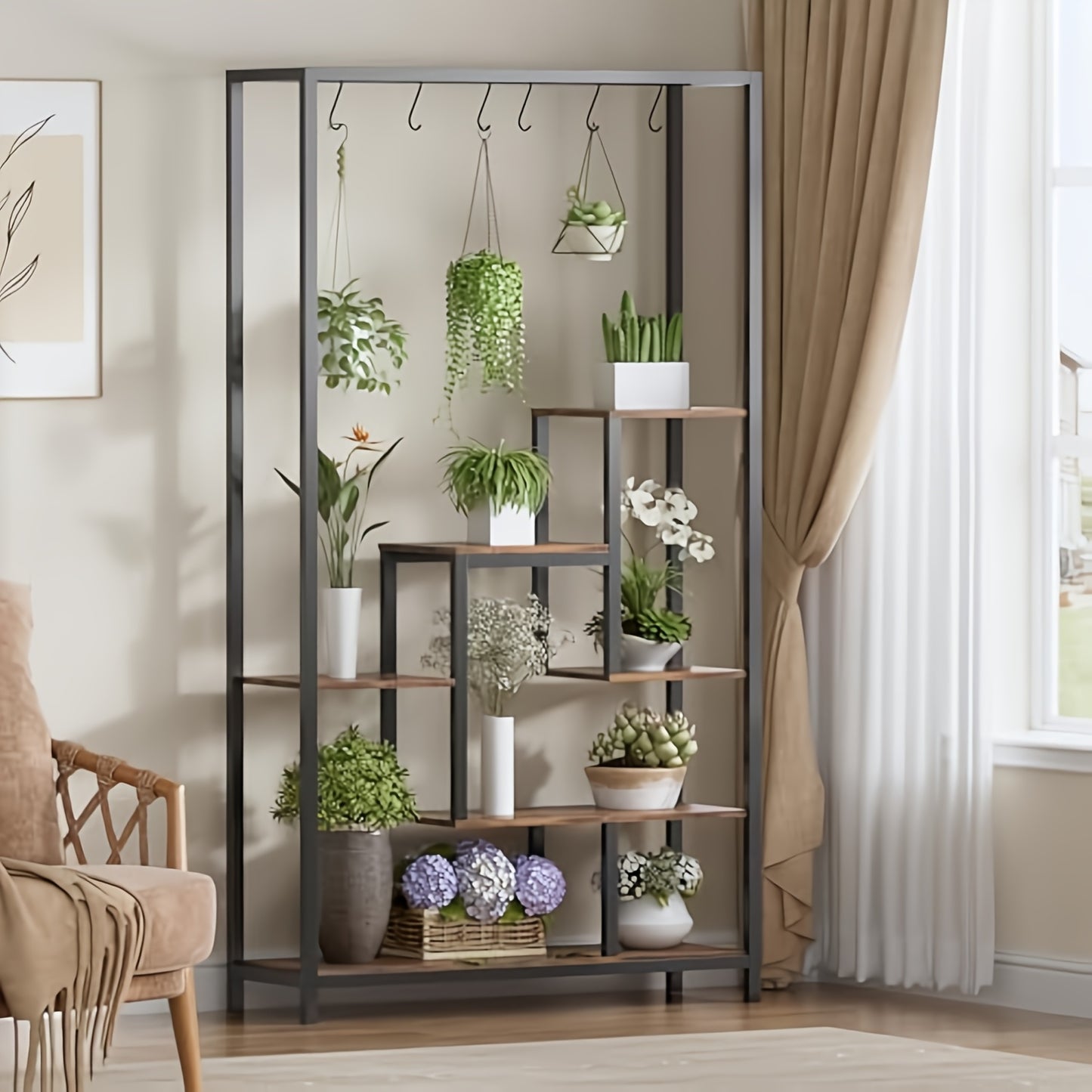 Plantenstandaard Binnen – Plantenrek – Plantenkast – Plantenhouder – Bloementrap – 5 Niveaus – Stevig Metaal & Hout – Inclusief 6 S-Haken – 179 cm Hoog